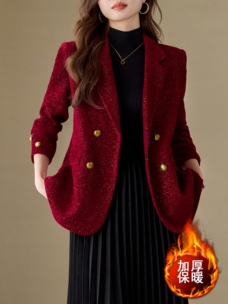 Red autumn quilted elegant velvet classic suit jacket