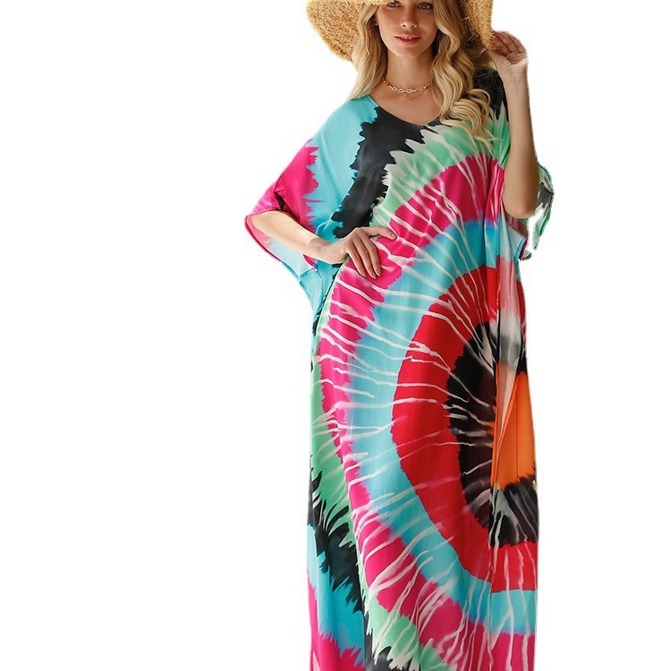 Cruzar la frontera europea y americana suelta blusa de playa rayón impreso bohemio vestido maxi bikini blusa ropa de playa RZ02