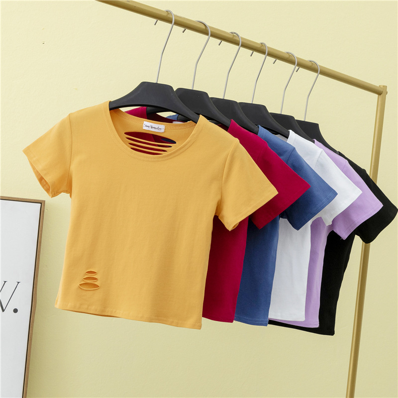 Short Navel Top Women's Summer Ripped Hole Hollow Tight Navel Leaky Base Shirt Waist-exposed Short-sleeved Backless High Waist T-shirt Short Navel Top Women's Summer Ripped Hole Hollow Tight Navel Leaky Base Shirt Waist-exposed Short-sleeved Backless High Waist T-shirt
