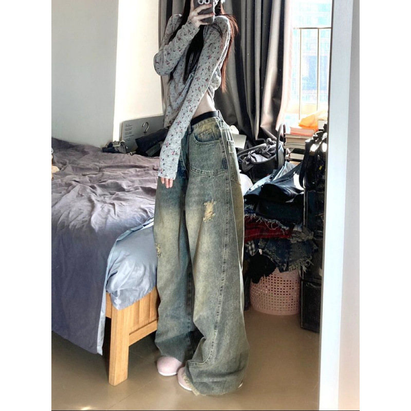 American-Style Washed Distressed Raw Hem Jeans for Women, High Street Straight Loose Slimming Wide-Leg Pants, Trendy on Instagram