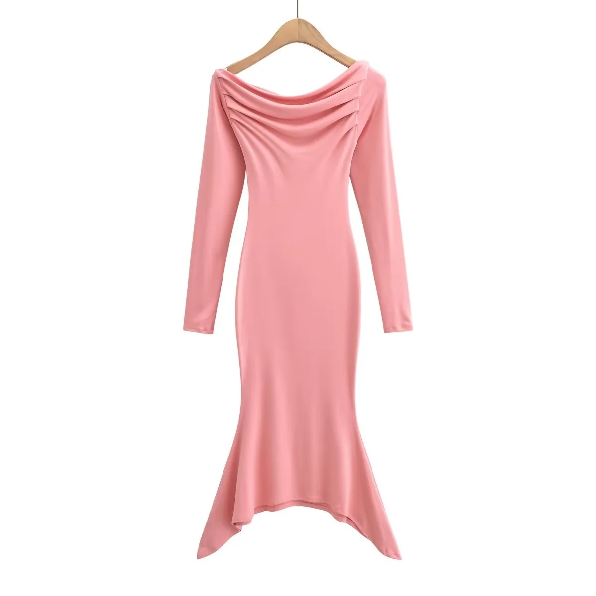 solid color pleated slanted shoulder one word neck slim long-sleeved fishtail dress NSZQW138870