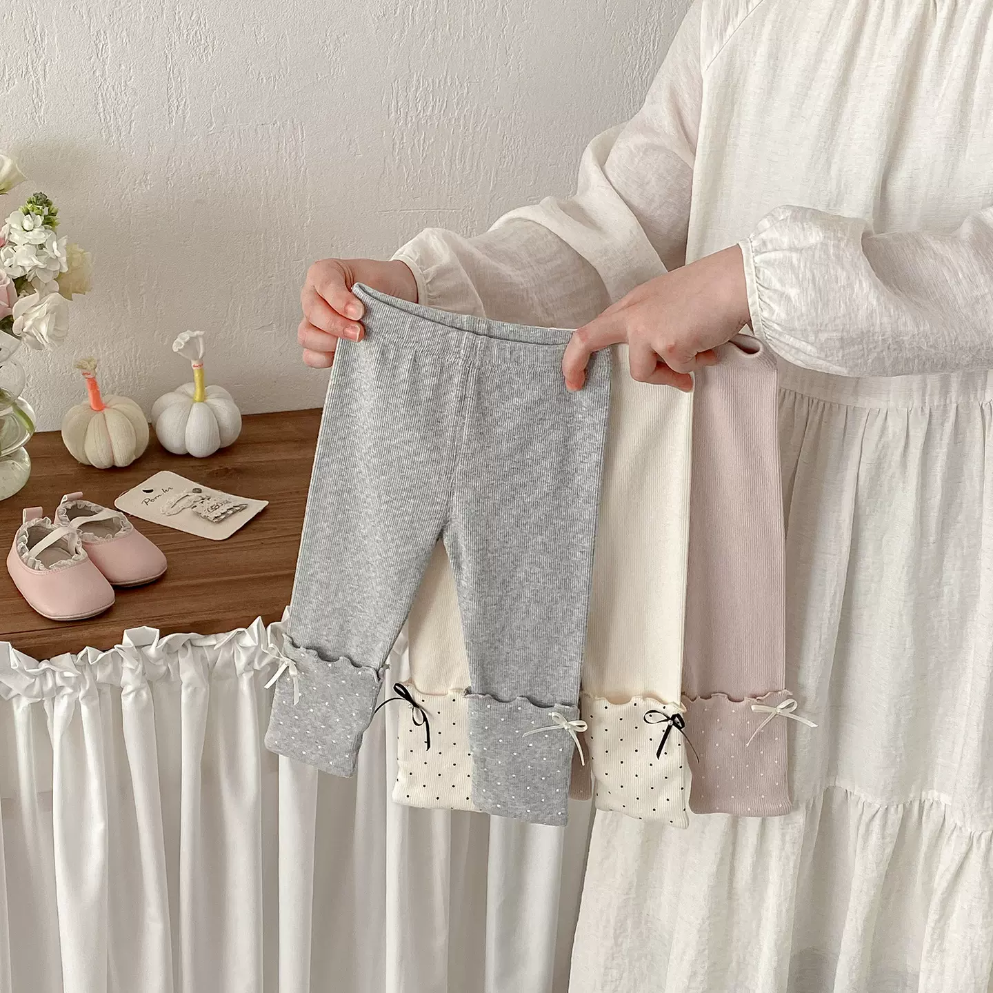 点兮春季新款婴幼儿波点堆堆打底裤女宝宝洋气百搭蝴蝶结卷边裤子