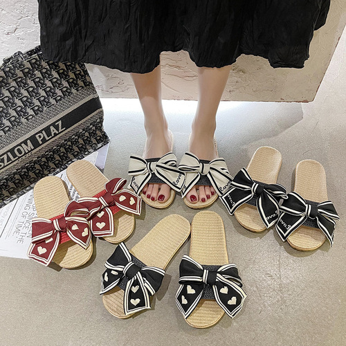 Home Slippers Summer New Breathable Indoor Fabric Linen Slippers with Small Scandalous Butterfly Knot Sandals for Women to Wear Outdoors