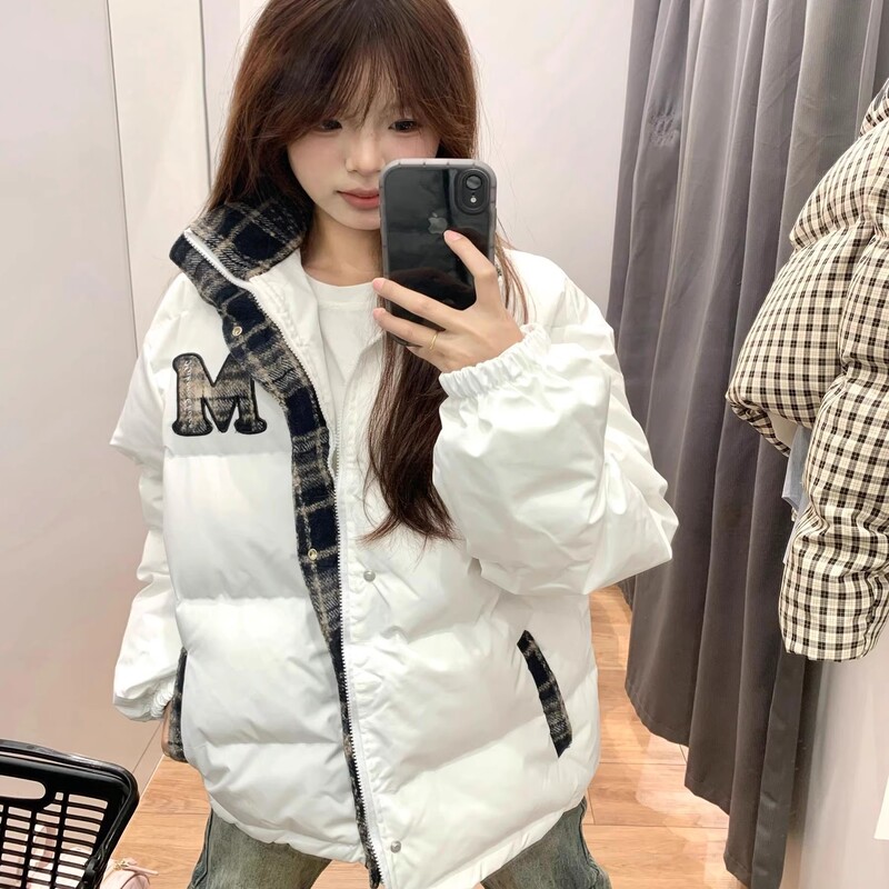 Chinese Style Letter Print Embroidered Reflective Strip Cotton Jacket for Men and Women, Loose Casual Versatile down Jacket Cotton Coat