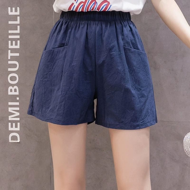 Shorts women, cotton-linen beach shorts, oversize plus-size, elastic waist
