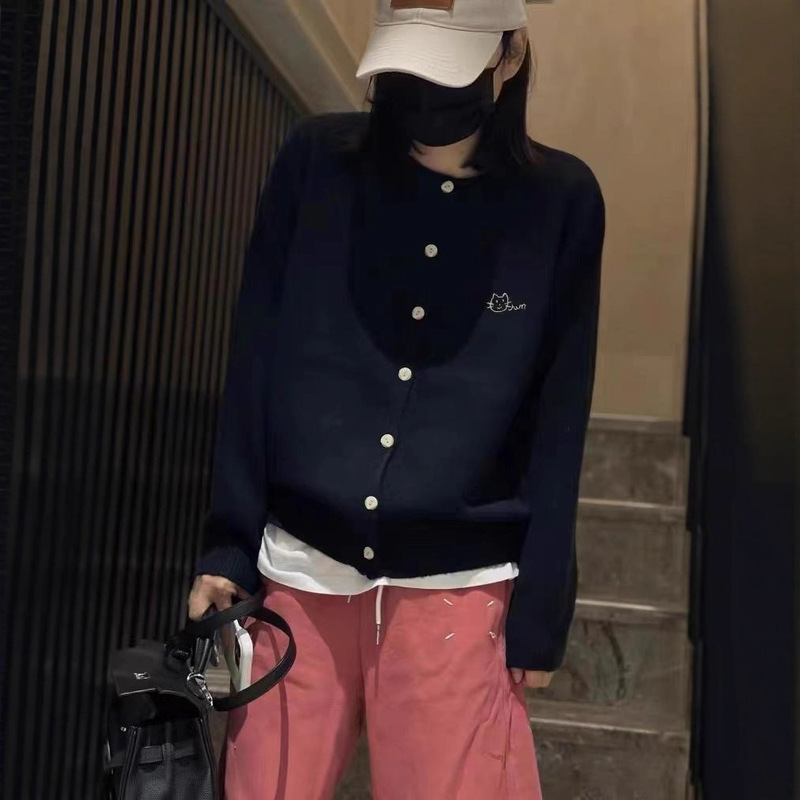 花倾慕刺绣小猫开衫外套女2025秋季外搭休闲针织衫百搭长袖上衣灰|undefined