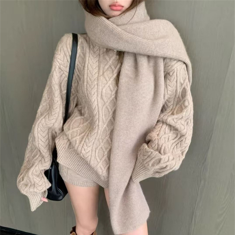 跨境外贸麻花圆领慵懒风围巾毛衣女秋冬新款宽松软糯针织衫三件套
