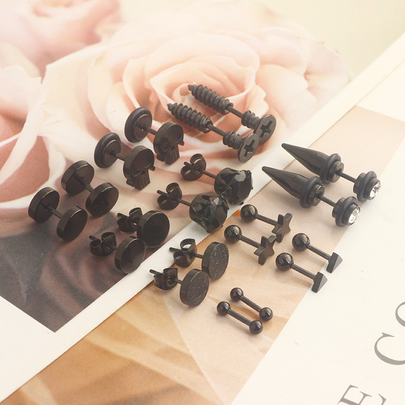10 Pair Black Stud Round Barbell Earrings Set - Stainless Steel Men's Personality Piercing Studs detail image 11