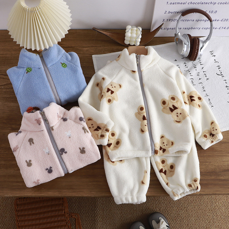 New Autumn and Winter Velvet Thickened Suit Korean Style Children's Home Clothes Boys and Girls Warm Suit Children's Clothing Wholesale