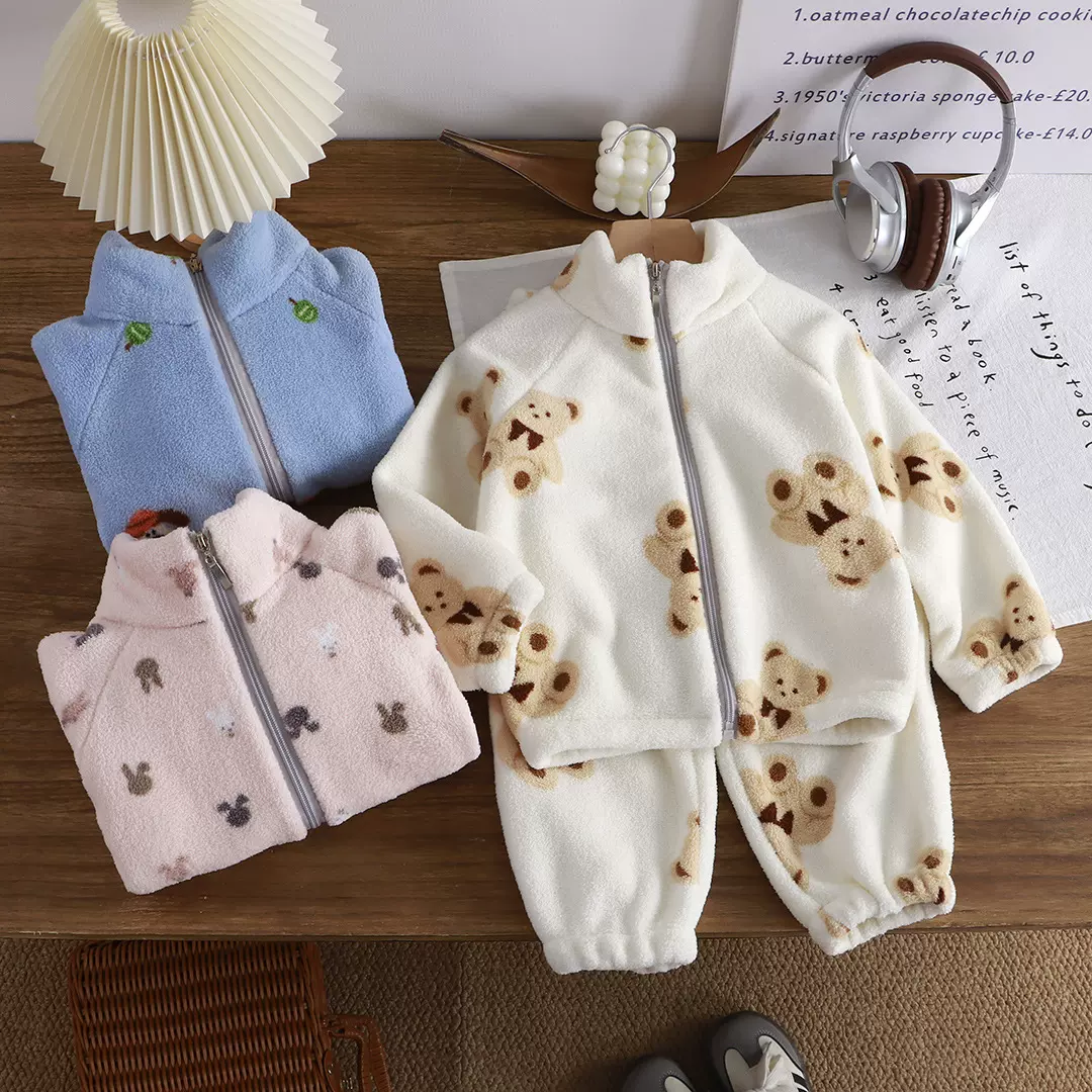 新款秋冬季加绒加厚套装韩版儿童家居服男女童保暖套装童装批发