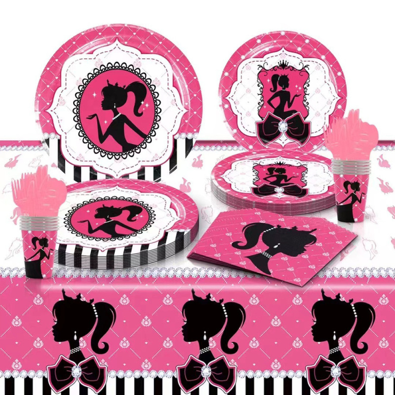 Barbie pink Barbie Girl theme holiday party decoration paper plate paper cup tissue disposable tableware suit