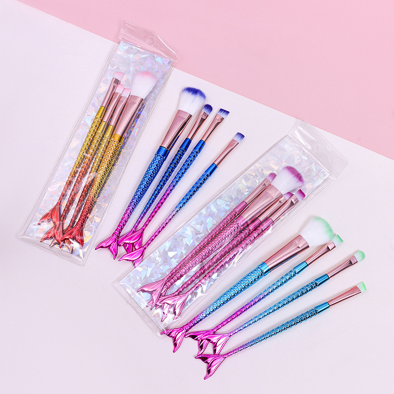 Set de brochas de maquillaje de sirena transfronterizo con color degradado para ojos, incluye brocha para polvos, brocha para sombras de ojos, brocha para cejas, brocha de maquillaje en forma de cola de pez.