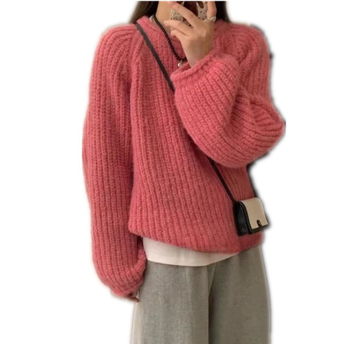 YUNSHU糖果色套头毛衣女2024秋冬日系复古纯色粗线慵懒风针织上衣