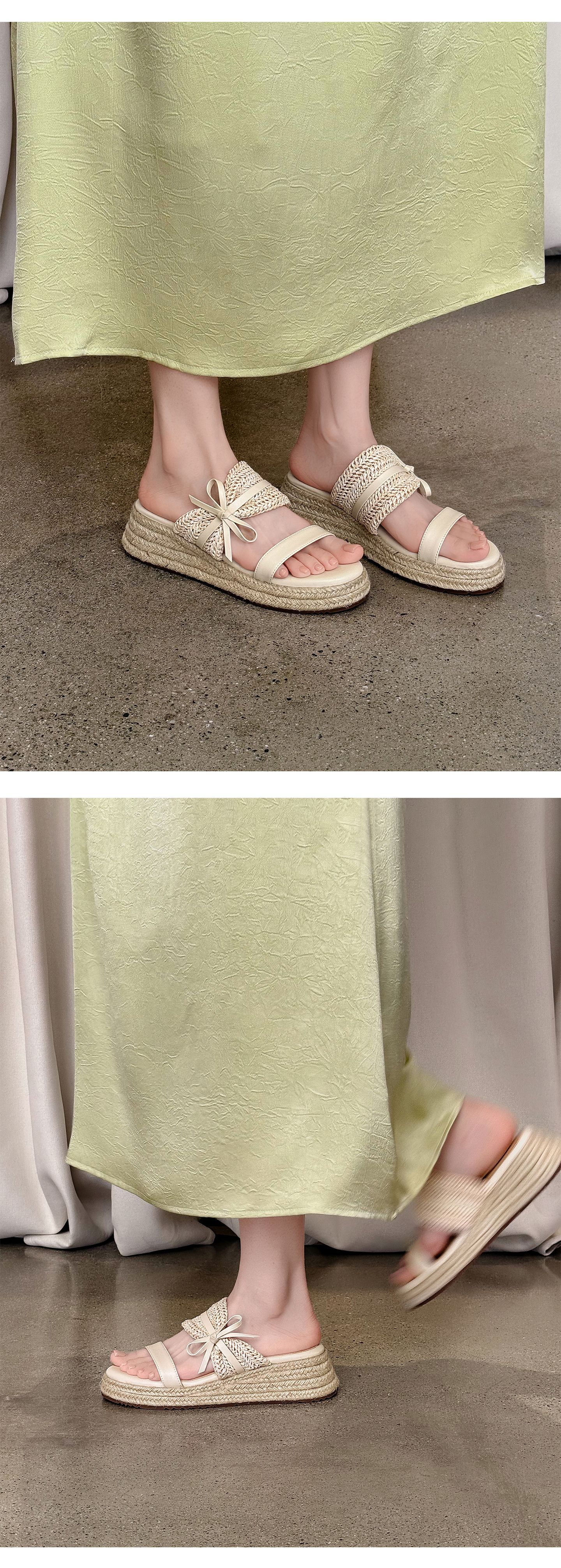 Dép sandal xỏ ngón nữ đế đan rơm cao gót nơ bướm — màu nâu, màu trắng ngà chi tiết 9