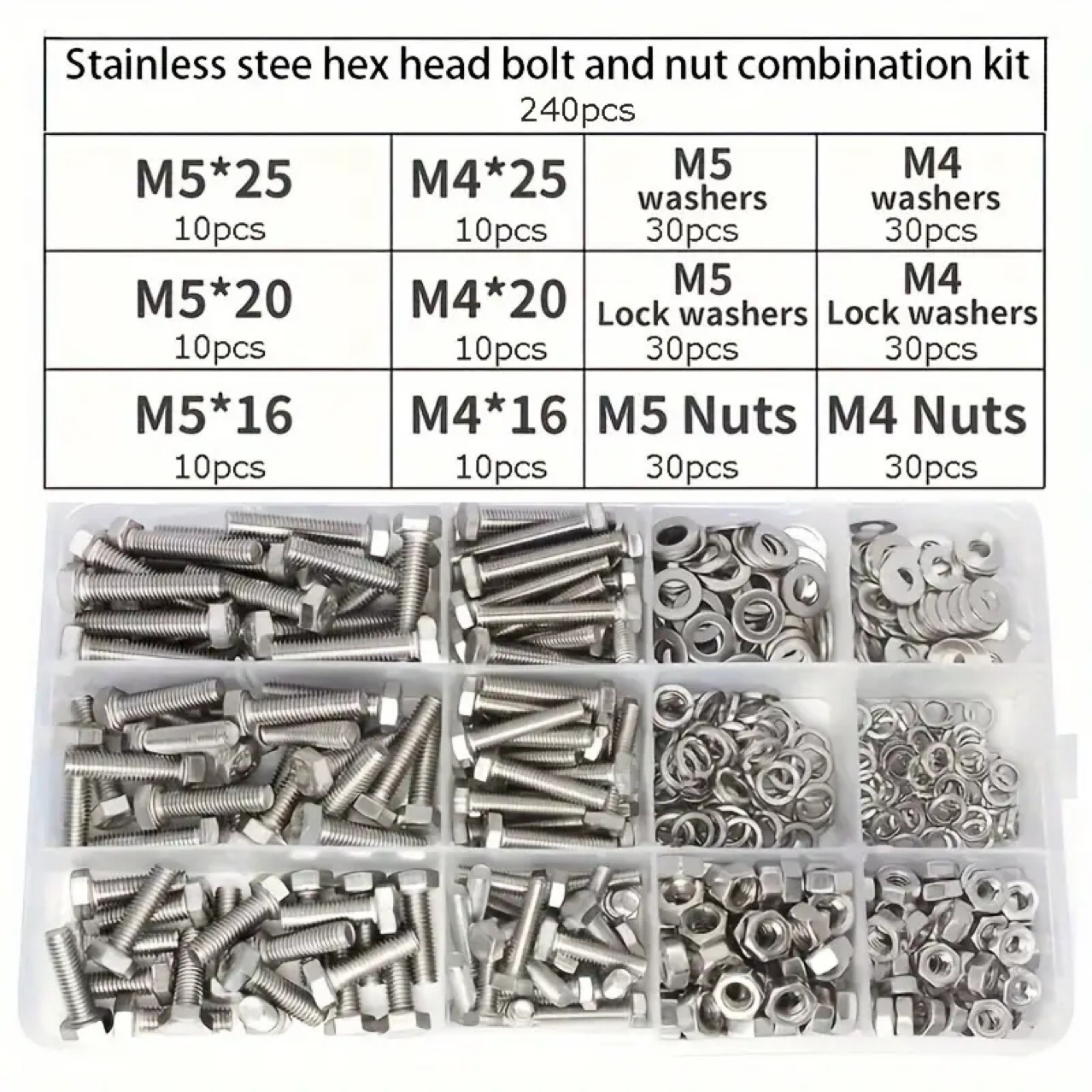 240pcs comercio exterior metal de alta calidad, tornillo hexagonal con tuerca junta conjunto de combinación