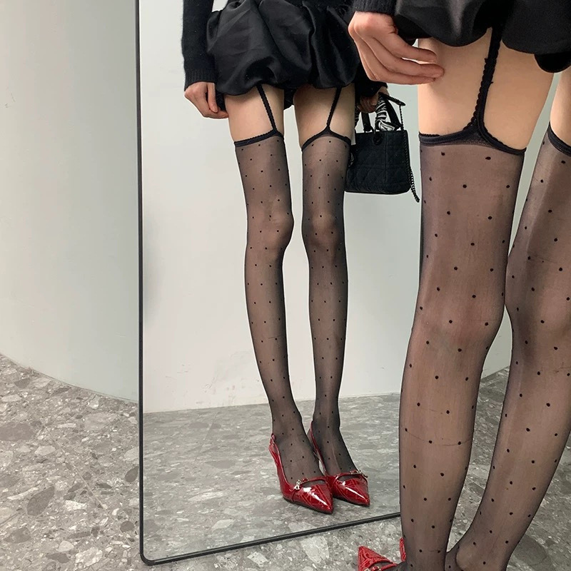 颜女郎波点黑丝袜吊带过膝袜女防勾丝耐穿超薄款黑丝0D高透不钩丝|undefined