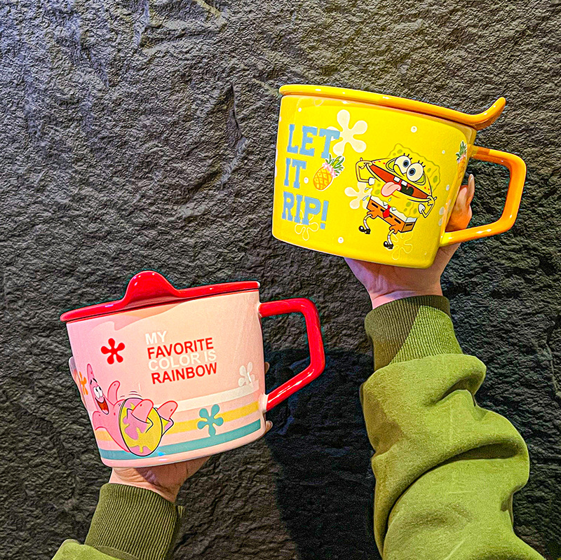 Bob Esponja Pai Daxing Cartoon Cerámica Tazón de fideos instantáneos Desayuno con tapa Tazón de arroz Set Pareja Regalo de cumpleaños Chicas
