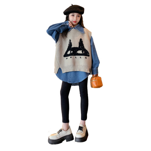 Spring Outfit 2024 New Fashionable and Trendy School Style Large Child Girl Set of Two Tops and Vests with Korean Style
