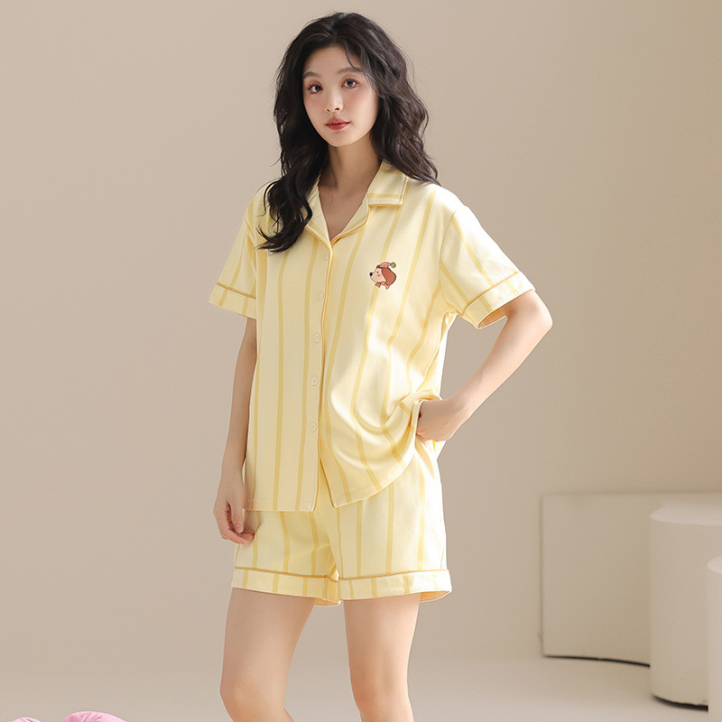 Pajamas Women's Summer Cotton Thin Short-sleeved Shorts Home Clothes Summer Cardigan Super Soft Outer Wearing suit