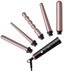 跨境新品電熱棒多功能換頭捲髮器液晶顯示智能5合1換管捲髮棒批發