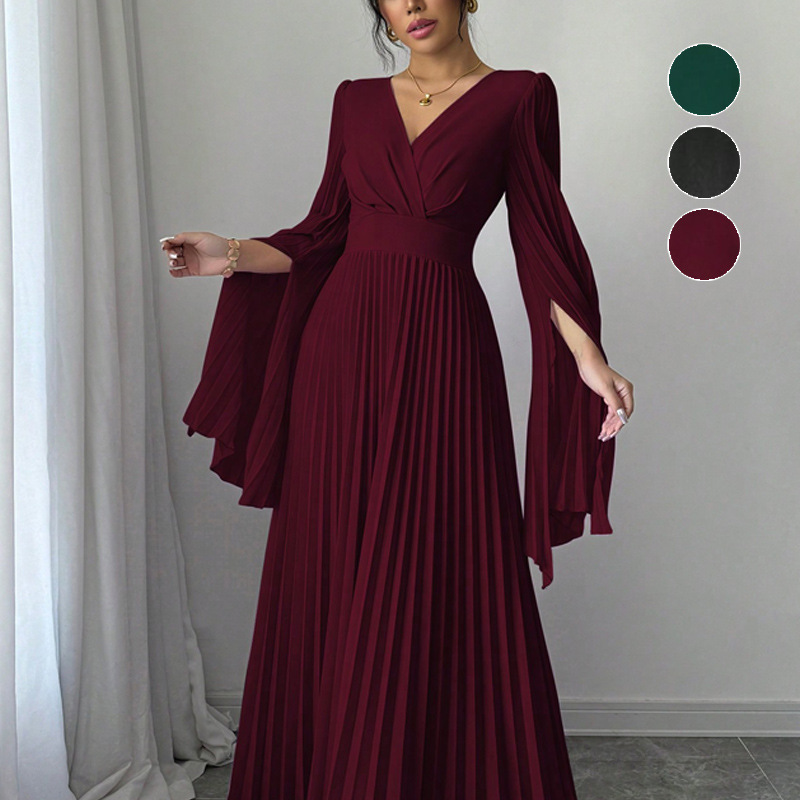 European and American Cross-Border New High-Waisted Long Dress Export Sexy Deep V Long-Sleeved Pleated Bell-Sleeve Design Dress