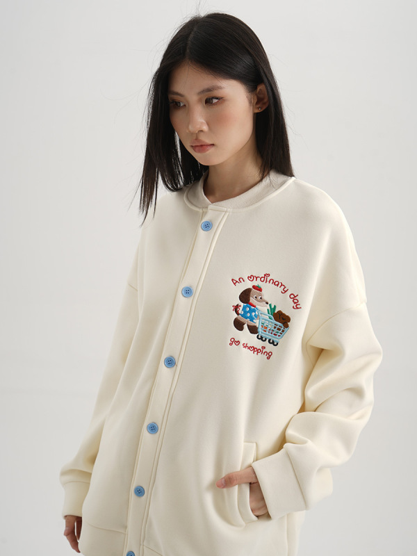十三行 秋季新款圆领宽松休闲长袖舒适重工刺绣开衫外套女1243|undefined