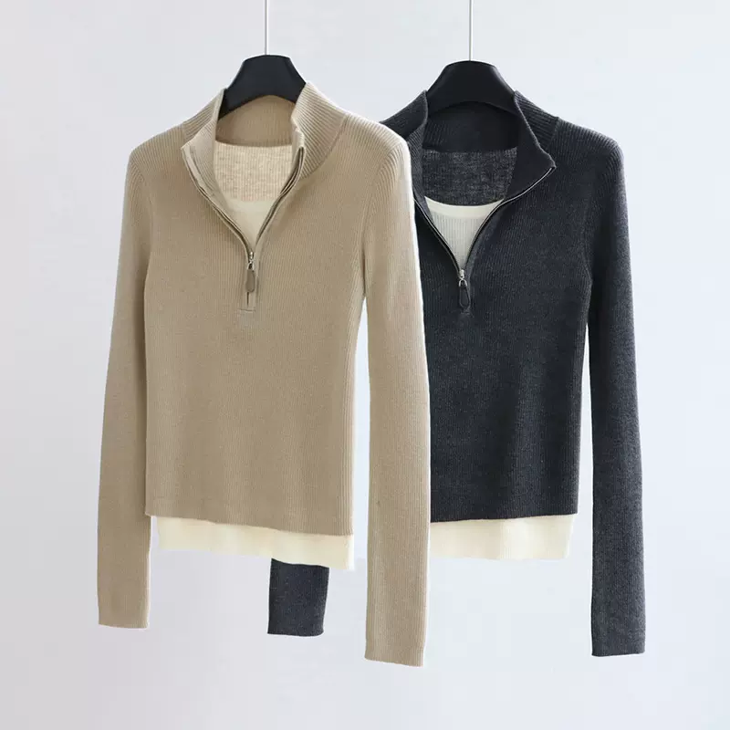修身显瘦高领拉链针织打底衫女装春款新品羊毛混纺假两件针织上衣