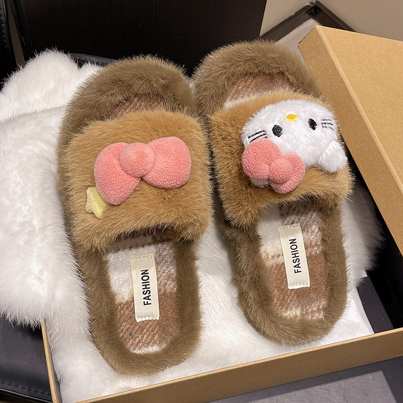 Coreana encantadora zapatillas de peluche de dibujos animados mujeres invierno / otoño gatos arco zapatillas caseras zapatillas de peluche caliente antideslizante