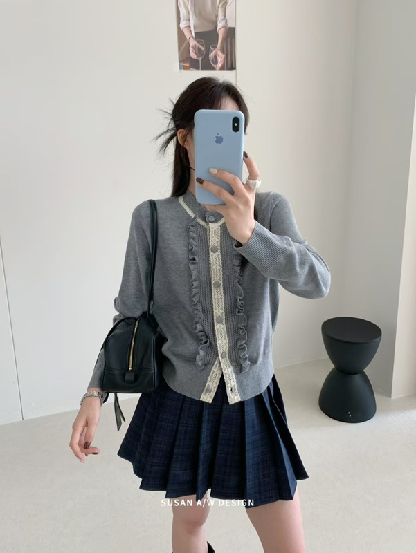 苏珊 2025秋冬木耳边褶皱拼接针织开衫毛衣外套女新款上衣27812|undefined