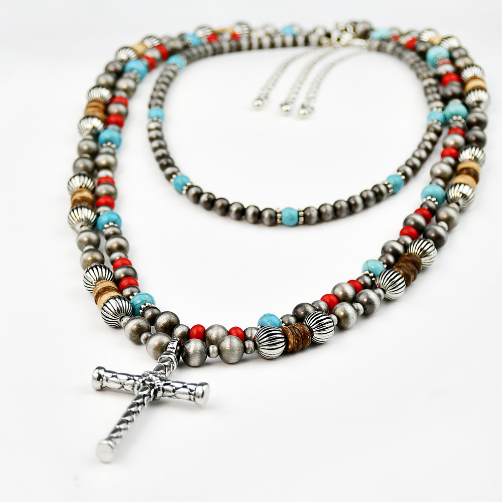 IG Style Simple Style Cross Round CCB Alloy Turquoise Beaded Unisex Pendant Necklace Necklace display picture 2