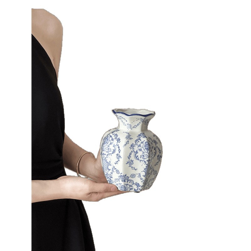 Nuevo jarrón de cerámica azul china nueva decoración de estilo chino sala de estar floral decoración de vestíbulo de estilo antiguo peonía floral