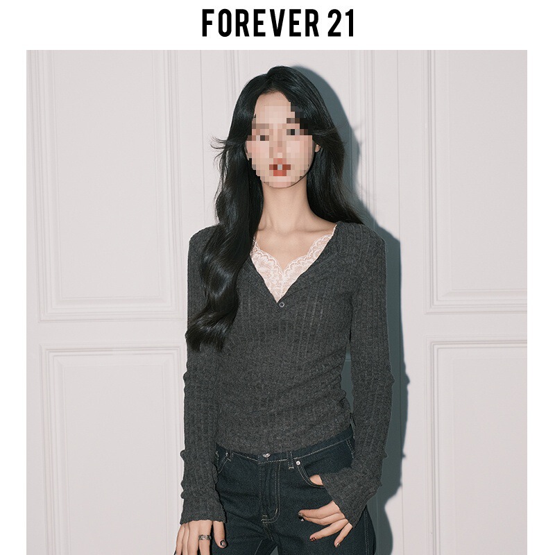 Forever21气质灰色蕾丝假两件V领针织小衫女纯欲修身长袖打底上衣|undefined