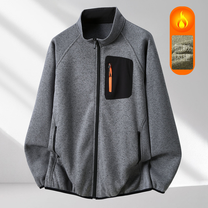 New autumn and winter men's plus-size outdoor thin fleece warm cardigan, loose-fit sweatshirt with stand-up collar, casual jacket