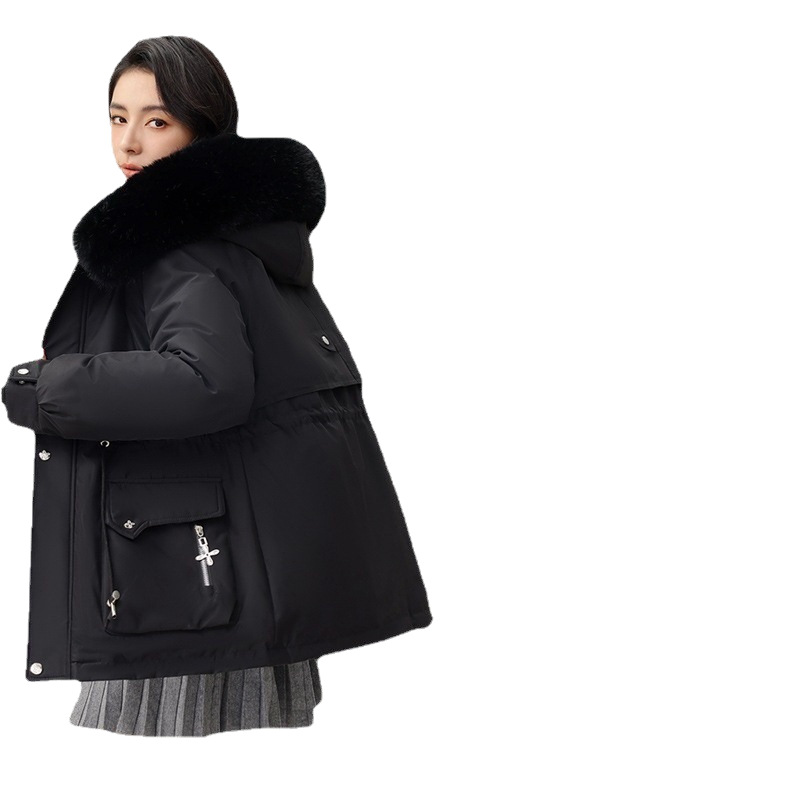 2025 invierno nuevo comercio exterior grueso para superar la cintura femenina delgada con capuzas cuello de cabello grande abrigo de algodón cálido