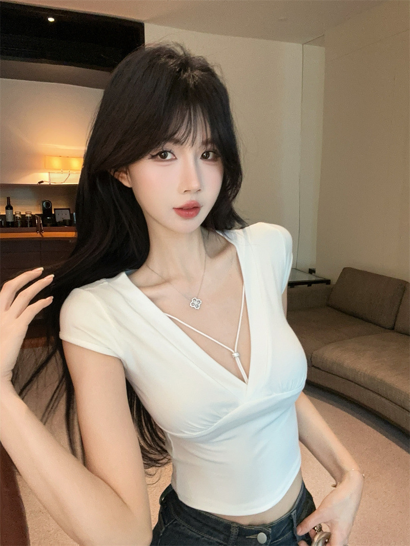 5119 # 가슴 패드 없음 Pure Desire Hot Girl 섹시한 v 넥 짧은 작은 플라잉 슬리브 탑 여성 여름 슬리밍 반팔 티셔츠