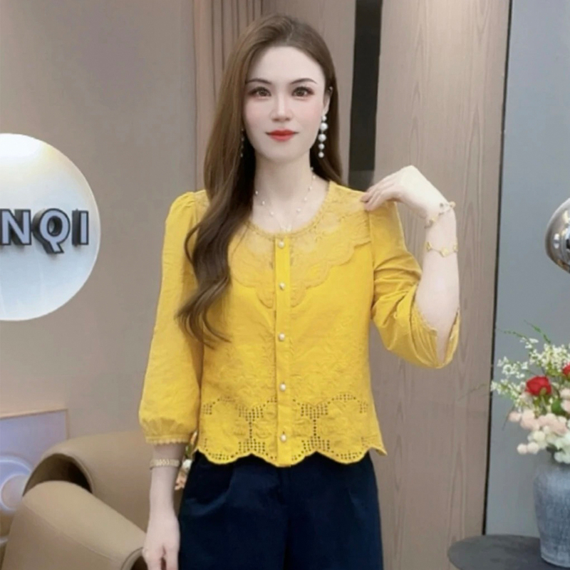 时尚蕾丝衬衫女2025秋季新款设计感小众洋气显瘦气质百搭衬衣上衣|undefined