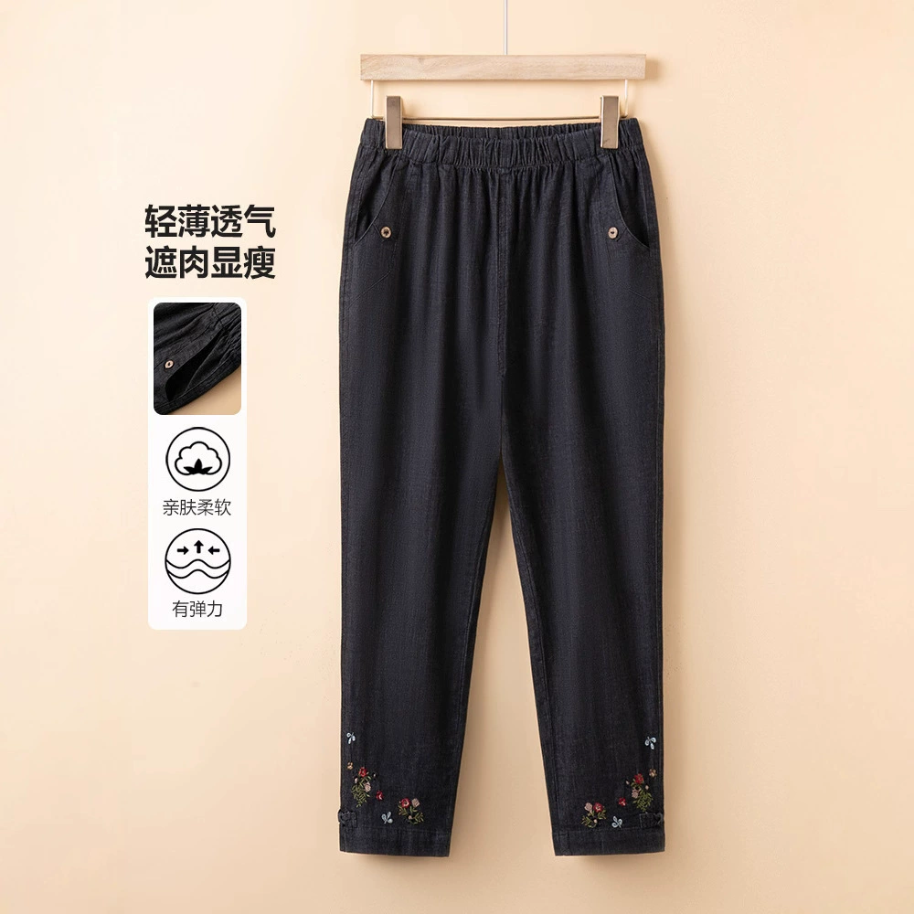 Трансграничная дропшиппинг новая джинсовая одежда с высокой талией для людей среднего и пожилого возраста, весенние и осенние брюки, эластичная талия, свободная одежда для мам, вышивка большого размера.