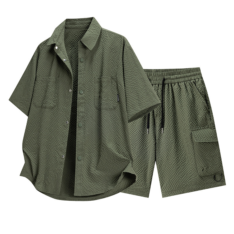 Bubble Shirt Shirt Suit Men's Summer Handsome Casual Trendy Men's Short-Sleeved Shorts a Complete Set of Cool and Handsome Outfits Bubble Shirt Shirt Suit Men's Summer Handsome Casual Trendy Men's Short-Sleeved Shorts a Complete Set of Cool and Handsome Outfits