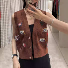 2024夏季新品高定小香风双C花卉茶壶弹力修身针织马甲背心上衣女