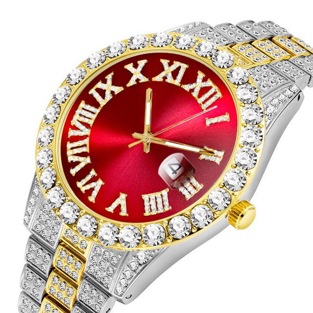 Europa y América nuevo estilo agua fantasma grande rhinestone diamante reloj de los hombres escala romana calendario hip hop reloj de los hombres reloj de oro verde completo reloj de diamantes
