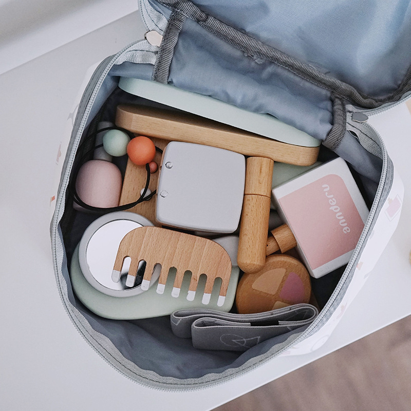 어린이 시뮬레이션 가족 이발 가방 화장품 가방 장난감 나무 빗 립스틱 향수 소녀의 핸드백 세트