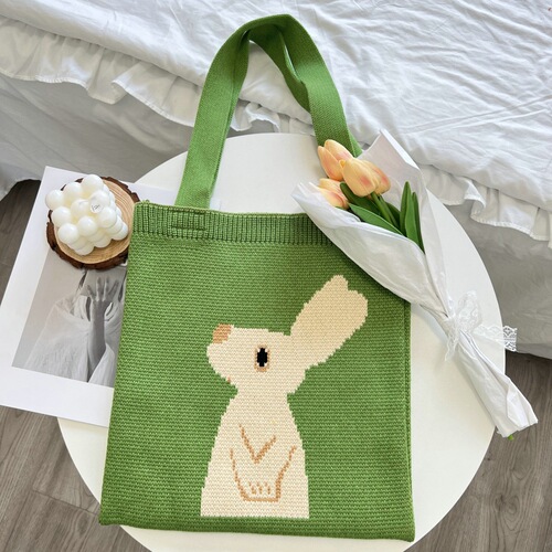 Knitted Bag Looking Up Rabbit Bag Women Large Capacity Green Cartoon Women's Bag Shoulder Handbag Tote Bag Shopping Bag