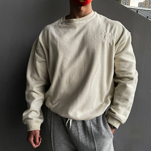 Polar Fleece Hoodless Men's Winter Warm Base Training Top Embroidered Crew Neck Hoodie Workout Sweatshirt