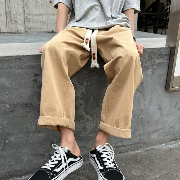 New Summer Casual Pants Men's Loose Straight All-match Retro Hong Kong Style Ins Trendy Brand Drawstring All-match Wide-leg Pants