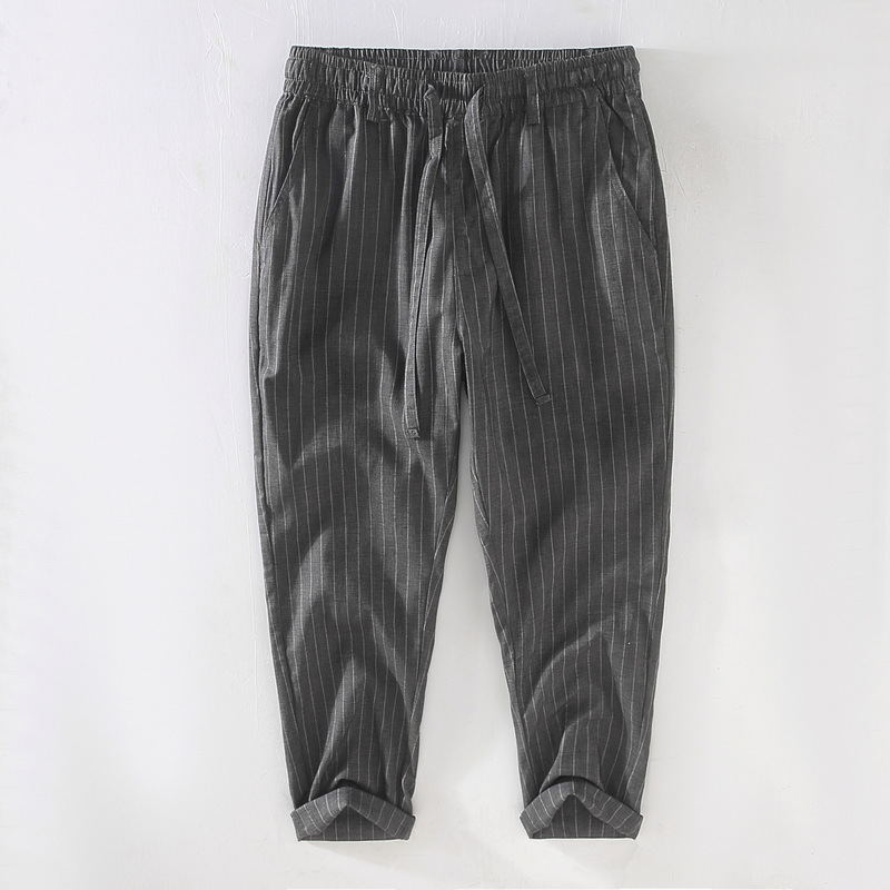 Pantaloni scurți din in pentru bărbați, de primăvară și vară, subțiri, casual, cu dungi, talie elastică, legați, pantaloni din in_voghion.com