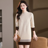 2025年秋冬半高领针织连衣裙女菱格提花毛衣中长款厚款打底毛衣裙，女装连衣裙，妃慕昵服饰