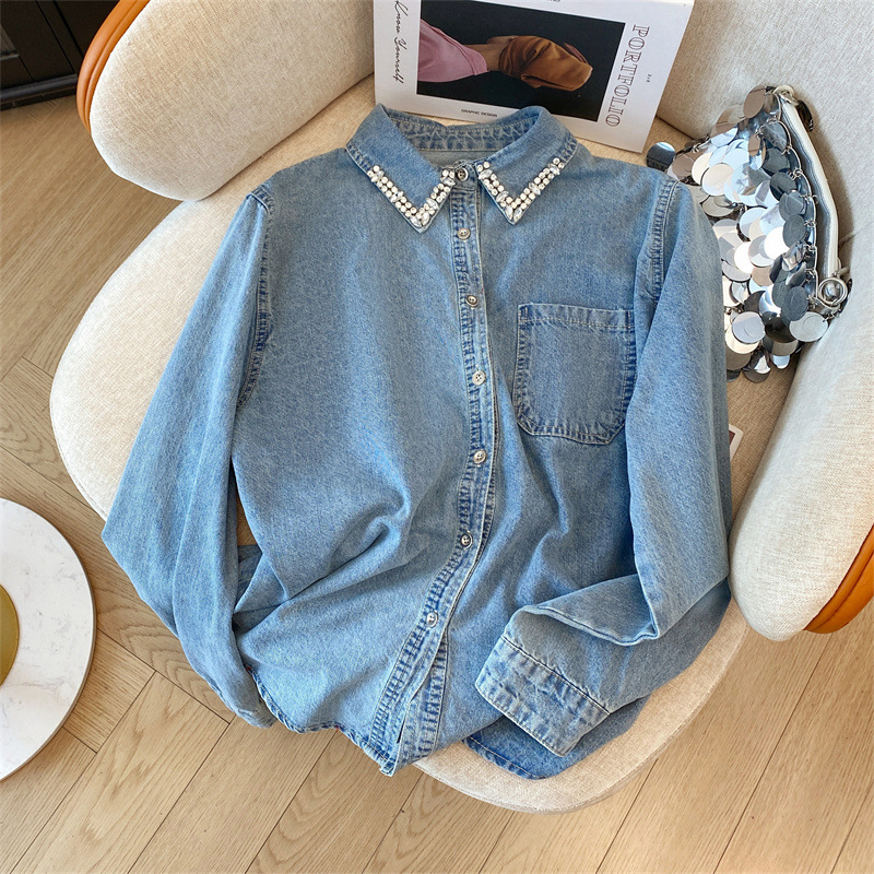 2025 Spring New Denim Shirt Women's Korean Style Heavy Industry Beaded POLO Collar Long Sleeve Shirt Small Top Trendy