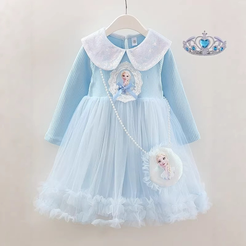 Girls' Elsa Princess Dress Spring and Autumn 2025 New Long-Sleeve Tulle Puffy Dress Children's Stylish Cake Dress