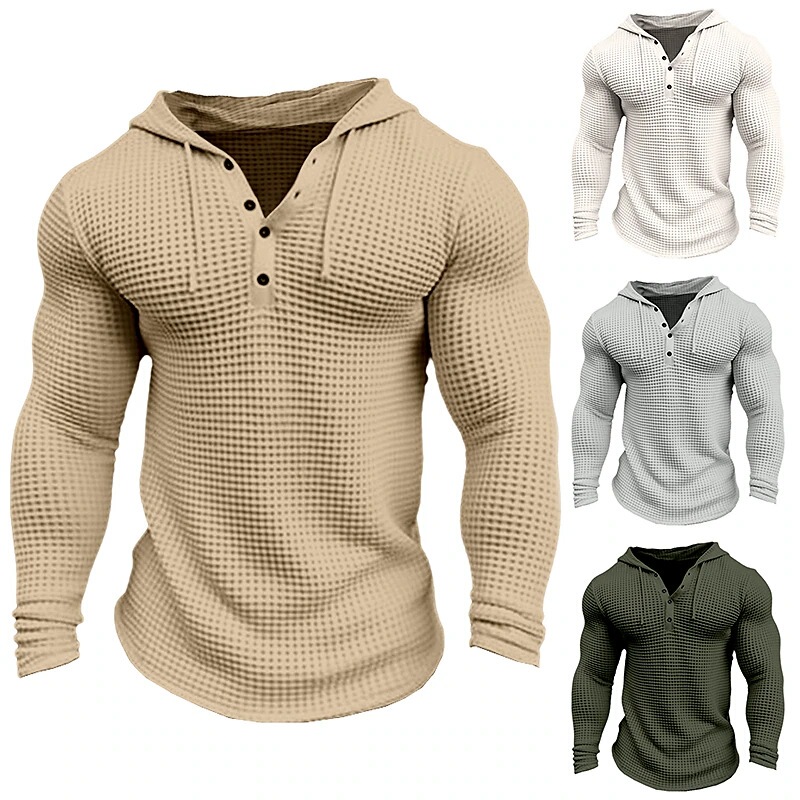 2024 new independent station Foreign Trade men's waffle button hoodie T-shirt top vacation long sleeve casual fashion