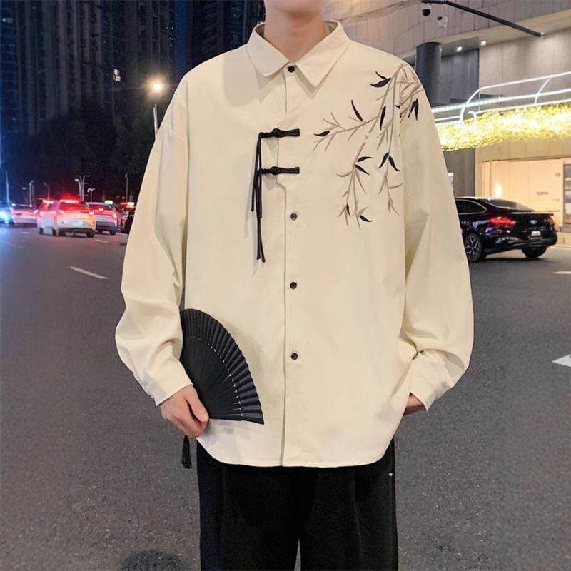 Chinese Style Bamboo Embroidery Long-Sleeved Shirt for Men, Versatile New Chinese Style Spring & Fall New Style Antique Men's Shirt for Men